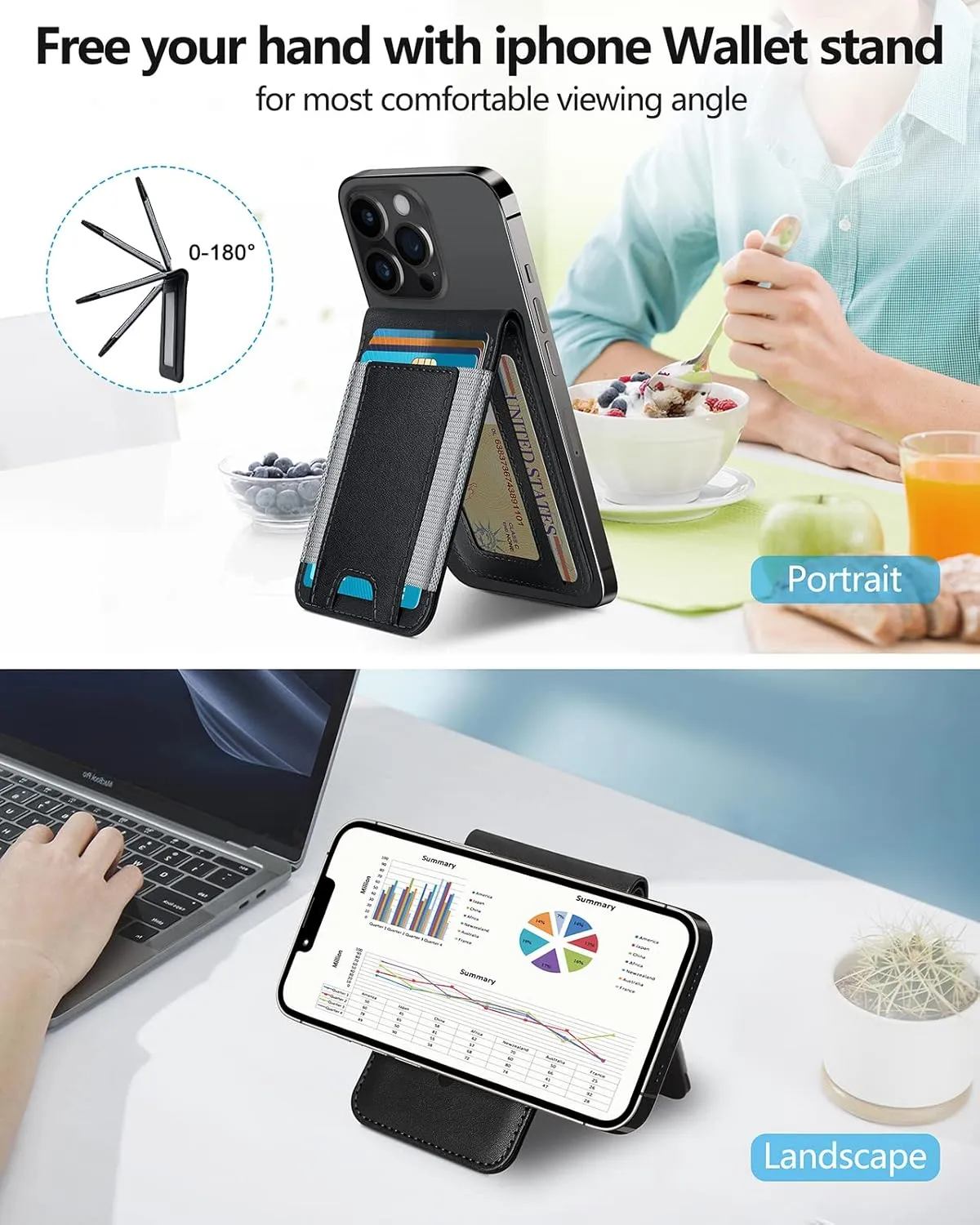 2-in-1 Magsafe Wallet, Up-grade with iPhone Wallet and Adjustable Stand, Open ID Window, Magnetic Wallet for iPhone 16/15/14 Pro Max/14 Pro/14 Plus/13/12 Series, 9 Cards Holder, Vegan Leather, Black