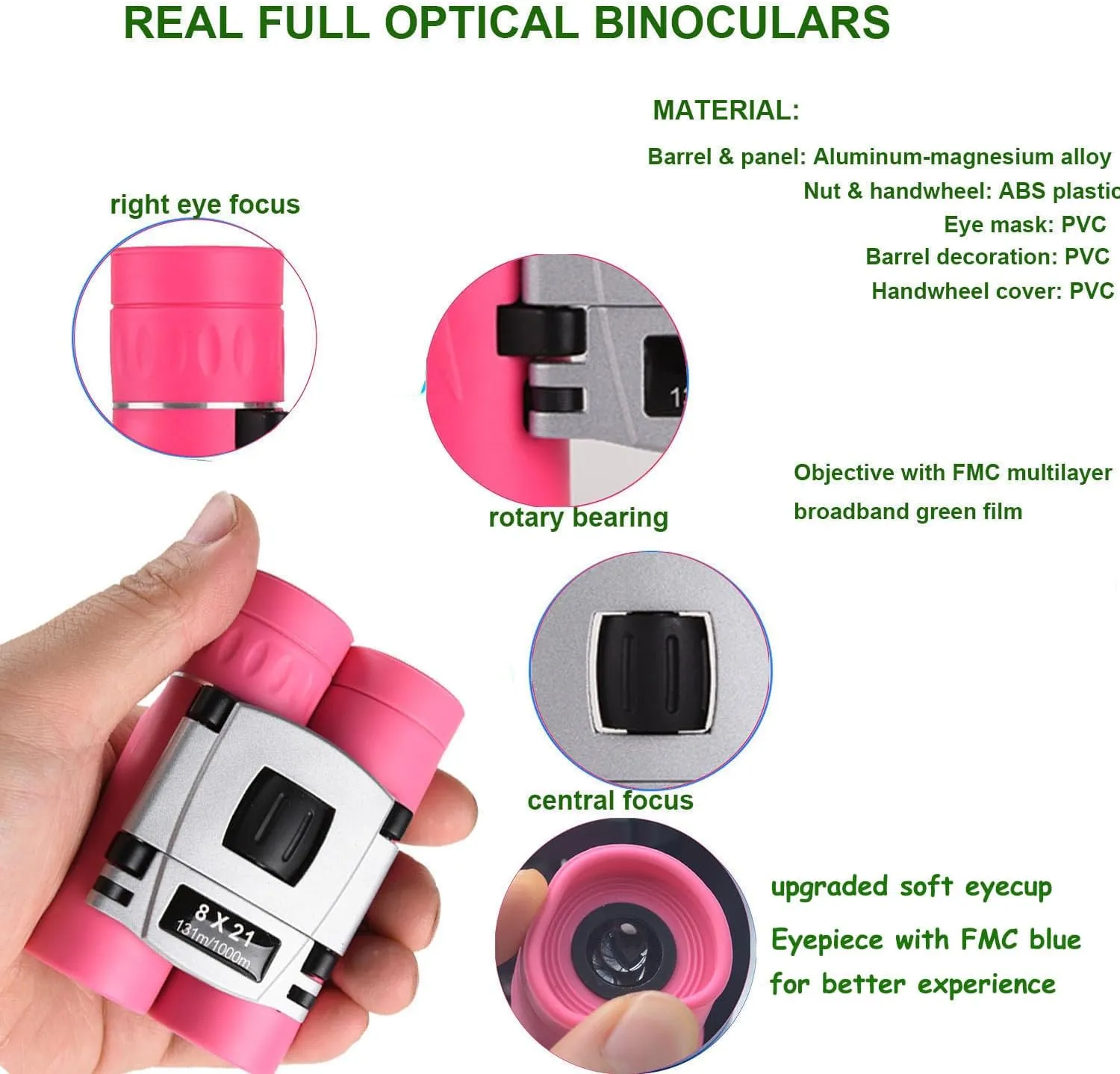 8x21 Compact Binoculars for Adults Teens, Mini Small Full Optical Binoculars for Bird Watching Opera Hiking Hunting Travel Concert (Pink)