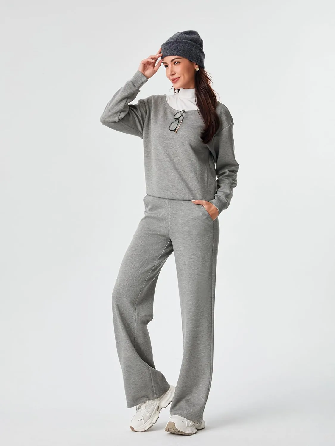 AFITNE Women 2 Piece Outfits Sets Off-Shoulder Long Sleeve Wide Leg Tracksuits with Pockets