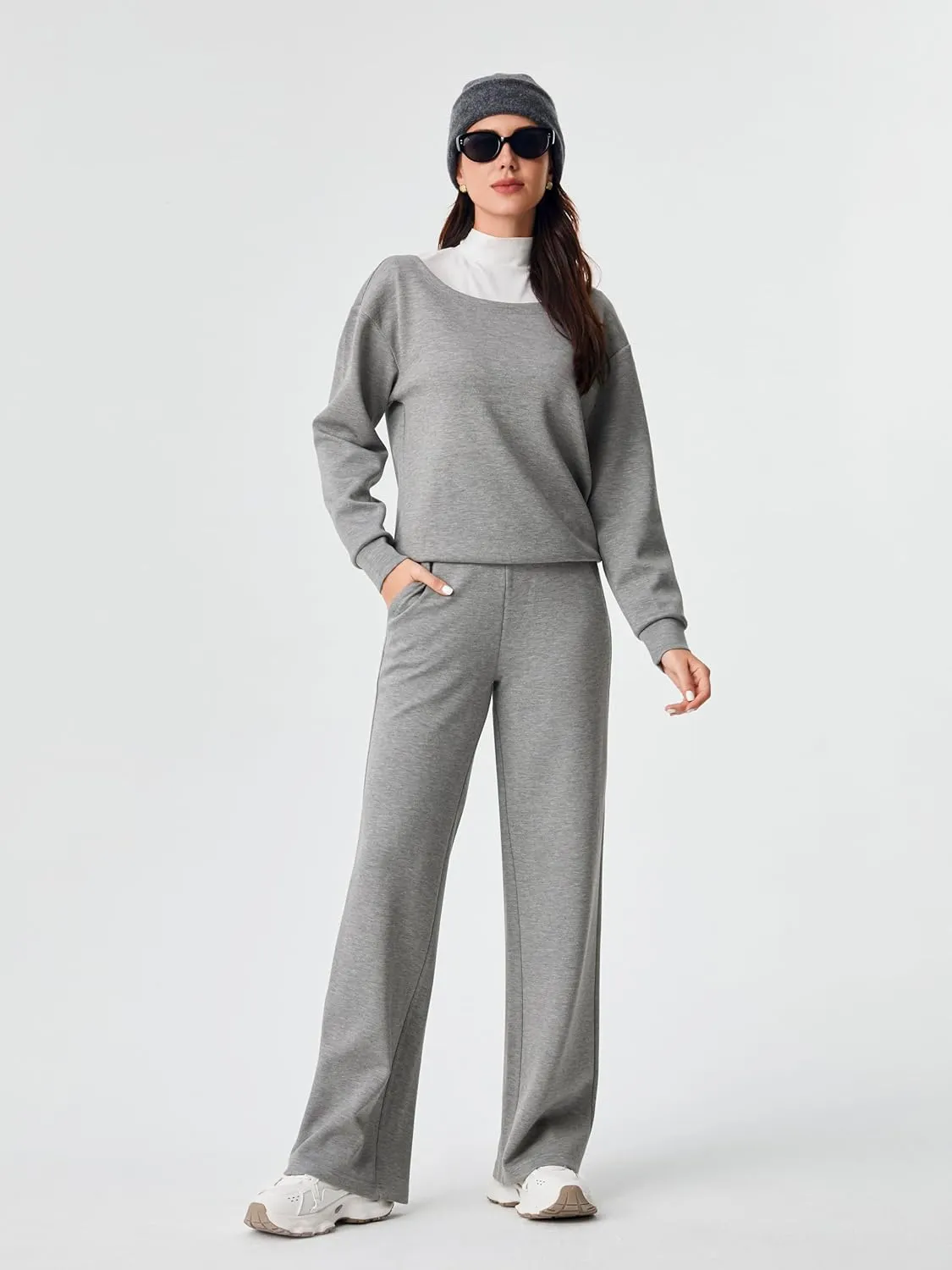 AFITNE Women 2 Piece Outfits Sets Off-Shoulder Long Sleeve Wide Leg Tracksuits with Pockets
