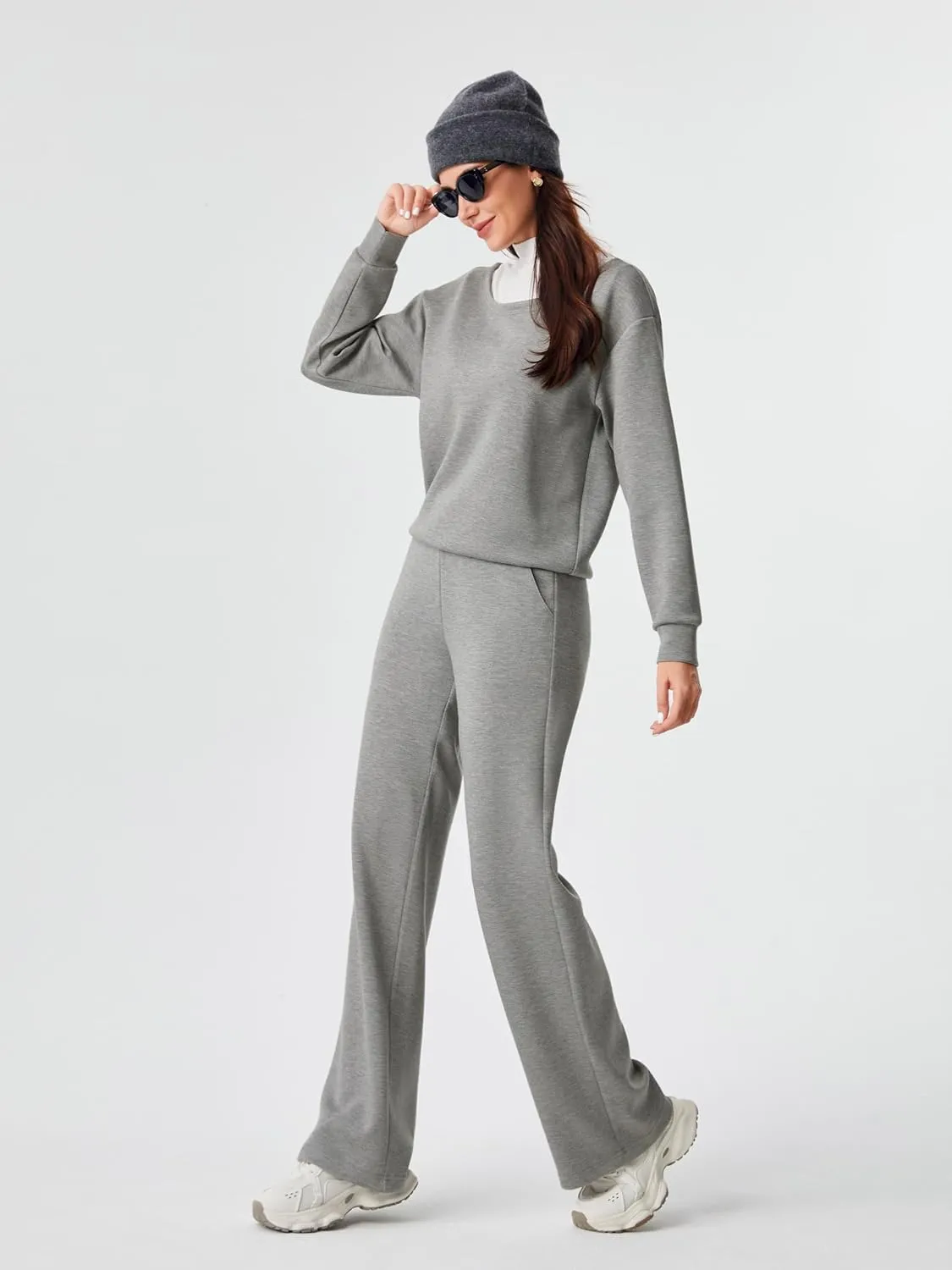 AFITNE Women 2 Piece Outfits Sets Off-Shoulder Long Sleeve Wide Leg Tracksuits with Pockets