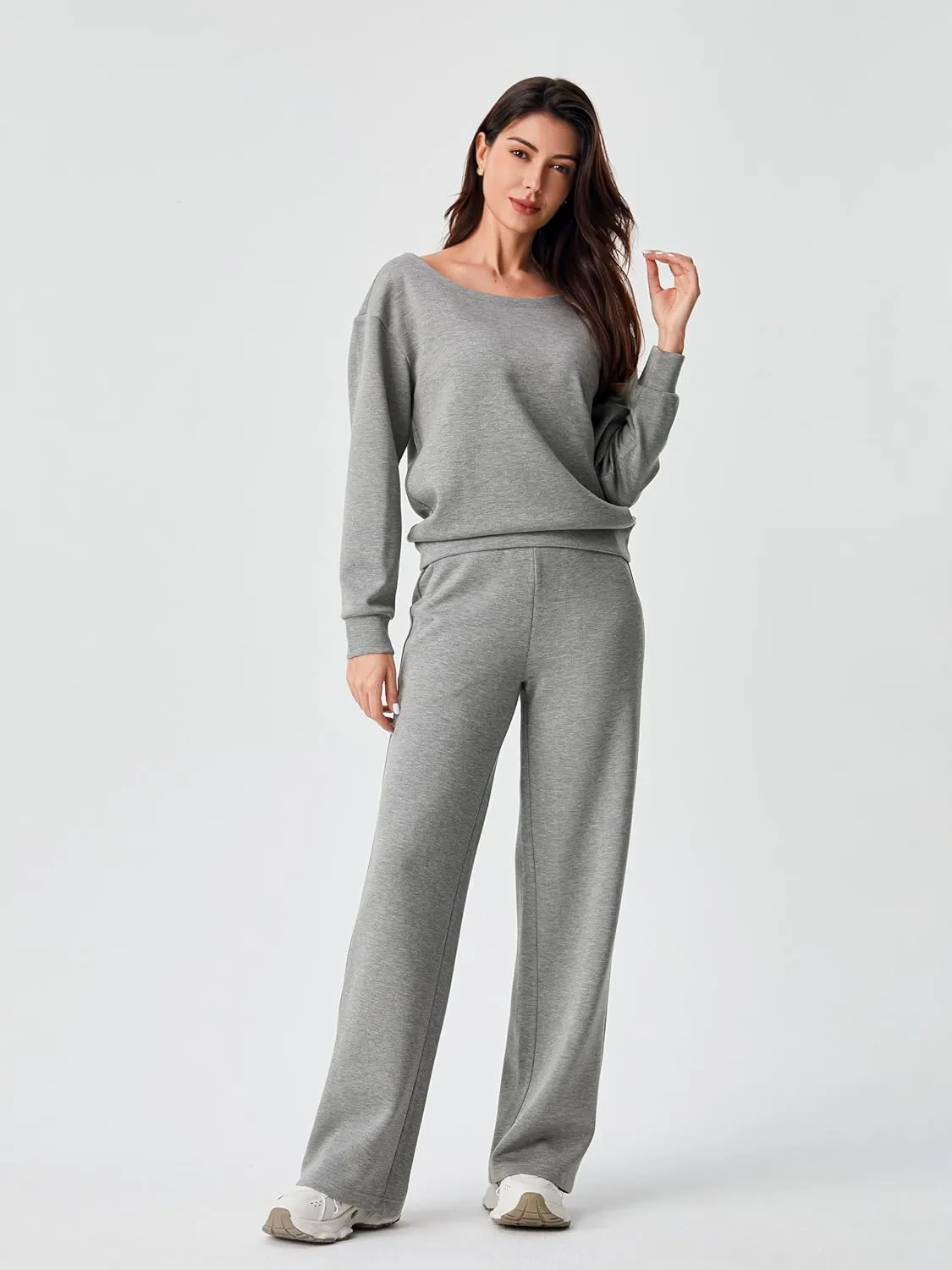 AFITNE Women 2 Piece Outfits Sets Off-Shoulder Long Sleeve Wide Leg Tracksuits with Pockets