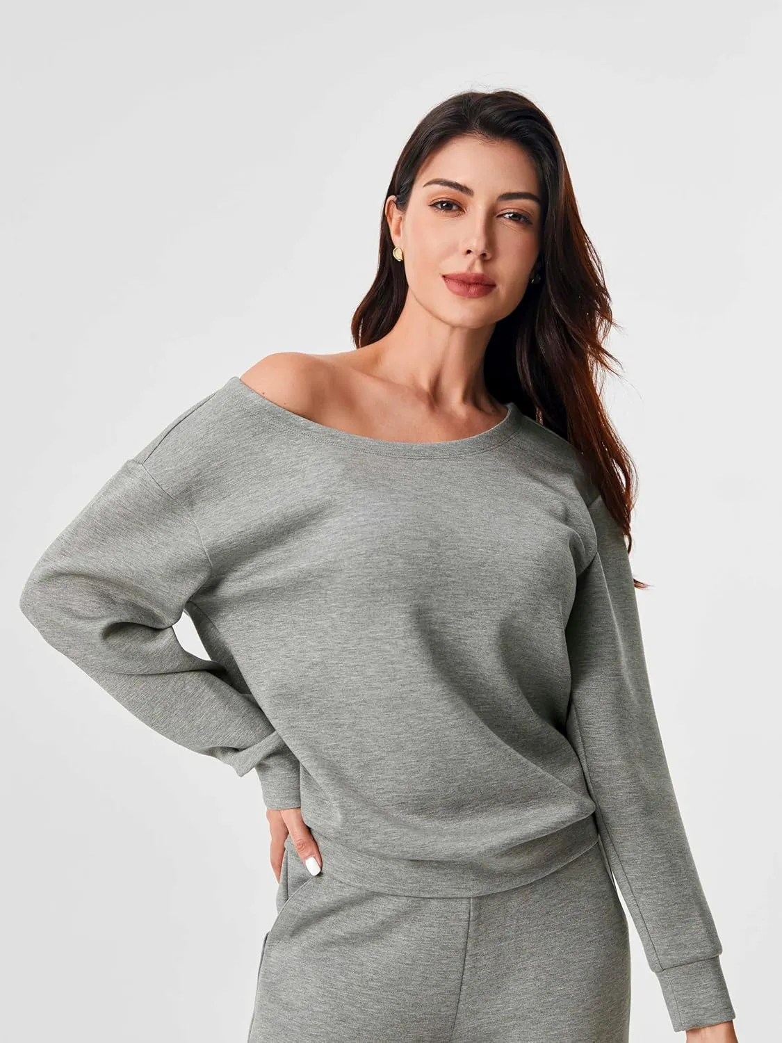 AFITNE Women 2 Piece Outfits Sets Off-Shoulder Long Sleeve Wide Leg Tracksuits with Pockets