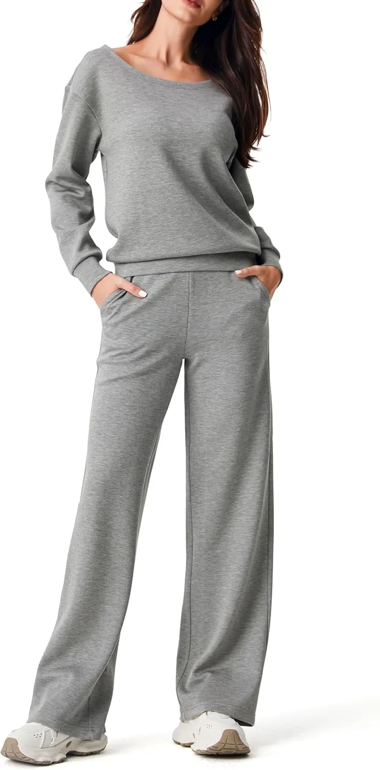 AFITNE Women 2 Piece Outfits Sets Off-Shoulder Long Sleeve Wide Leg Tracksuits with Pockets