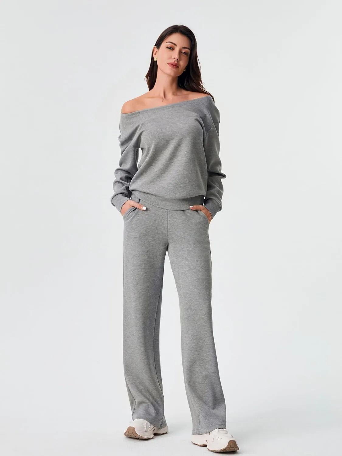 AFITNE Women 2 Piece Outfits Sets Off-Shoulder Long Sleeve Wide Leg Tracksuits with Pockets