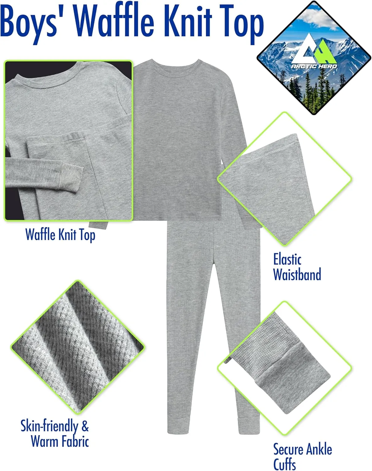 Boys' Thermal Underwear - 4 Piece Waffle Knit Top and Long John Set (Size: 2-18)