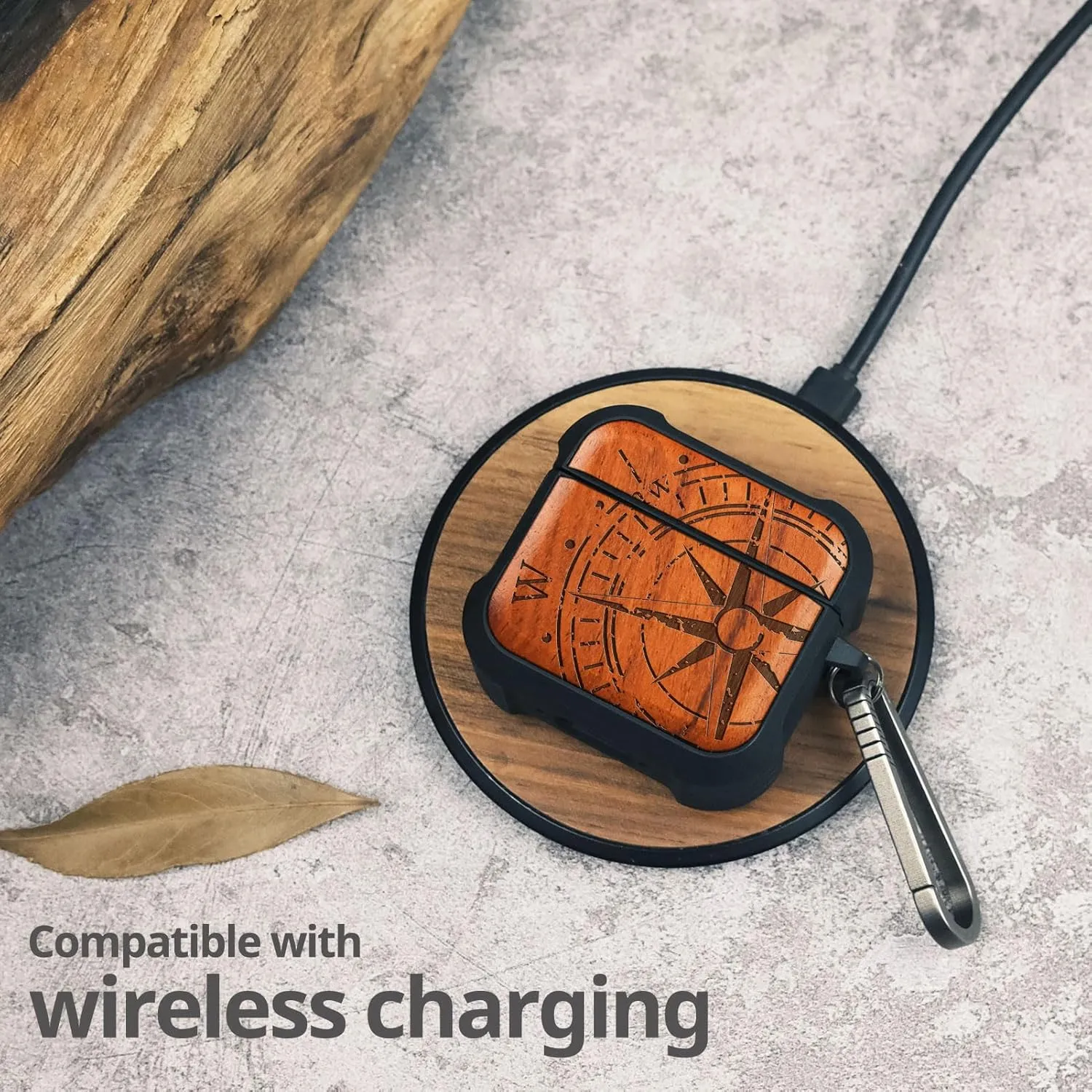 Carveit Wooden Case for AirPods 4 Case (2024) (USB-C) 4th Generation, Wood Artisan Engraved & TPU Shockproof Cover, Titanium Quick Released Clasp (The Incomplete Compass) Rosy