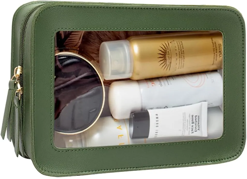 Clear Makeup Bag Organizer, TSA Approved Portable Travel Toiletry Bag Multipurpose Cosmetic Bag Case for Women Vegan Leather Make Up Pouch Transparent Vinyl Windows