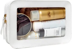 Clear Makeup Bag Organizer, TSA Approved Portable Travel Toiletry Bag Multipurpose Cosmetic Bag Case for Women Vegan Leather Make Up Pouch Transparent Vinyl Windows