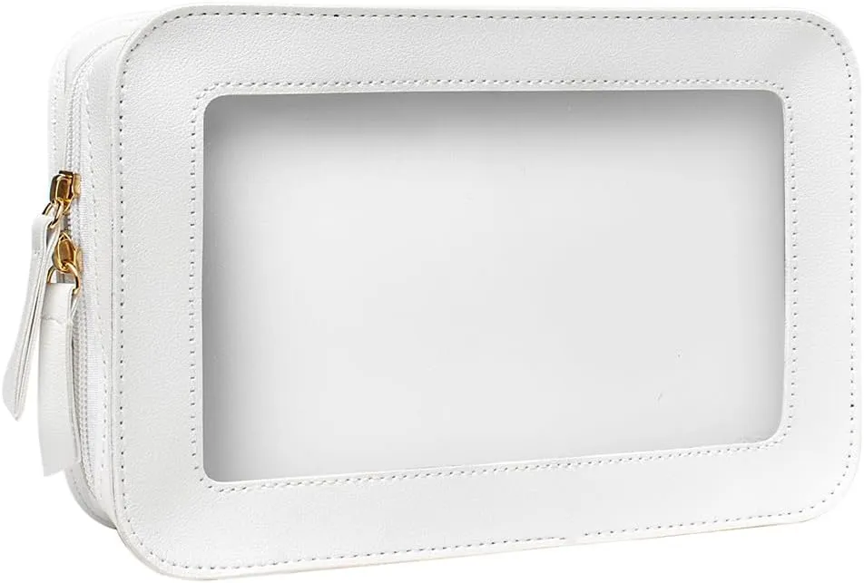Clear Makeup Bag Organizer, TSA Approved Portable Travel Toiletry Bag Multipurpose Cosmetic Bag Case for Women Vegan Leather Make Up Pouch Transparent Vinyl Windows