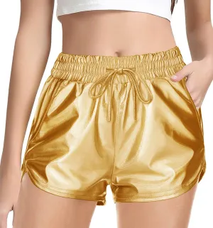 Haloumoning Girls Metallic Shorts Sparkly Dance Outfits Elastic Drawstring Shiny Hot Short Pants 5-14 Years