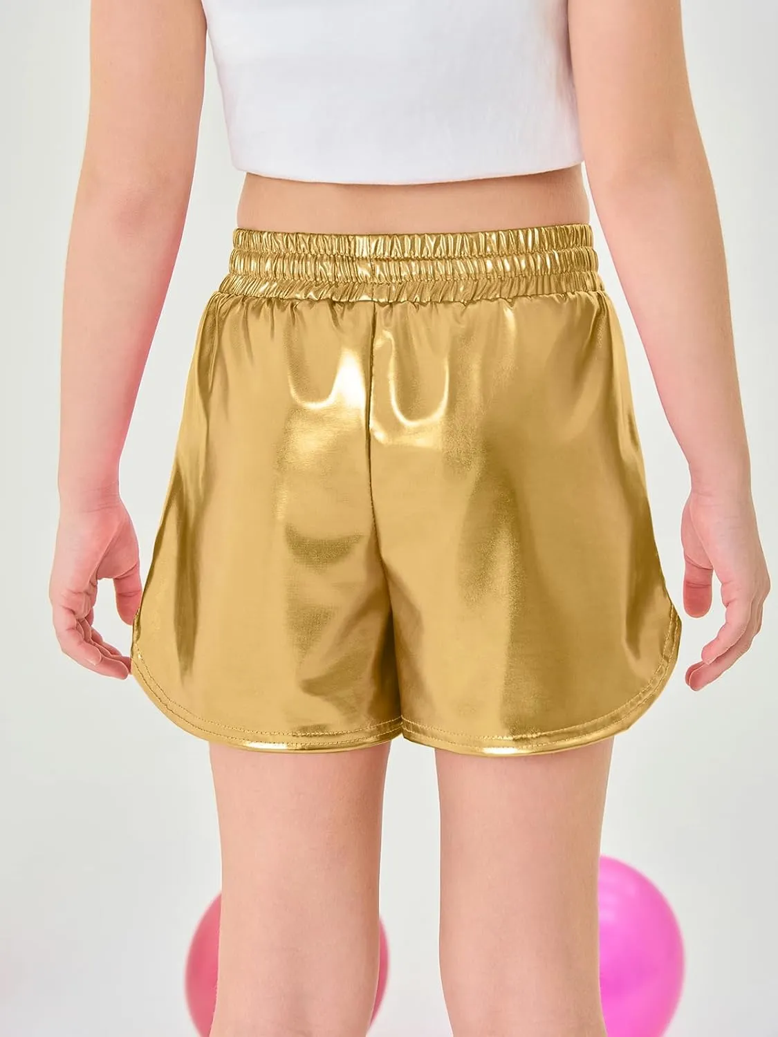 Haloumoning Girls Metallic Shorts Sparkly Dance Outfits Elastic Drawstring Shiny Hot Short Pants 5-14 Years