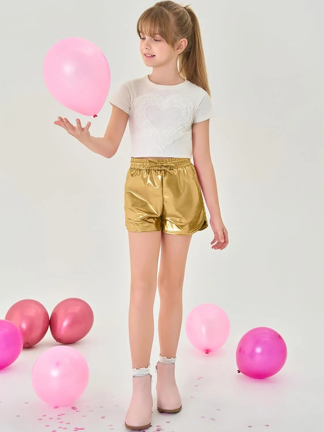 Haloumoning Girls Metallic Shorts Sparkly Dance Outfits Elastic Drawstring Shiny Hot Short Pants 5-14 Years