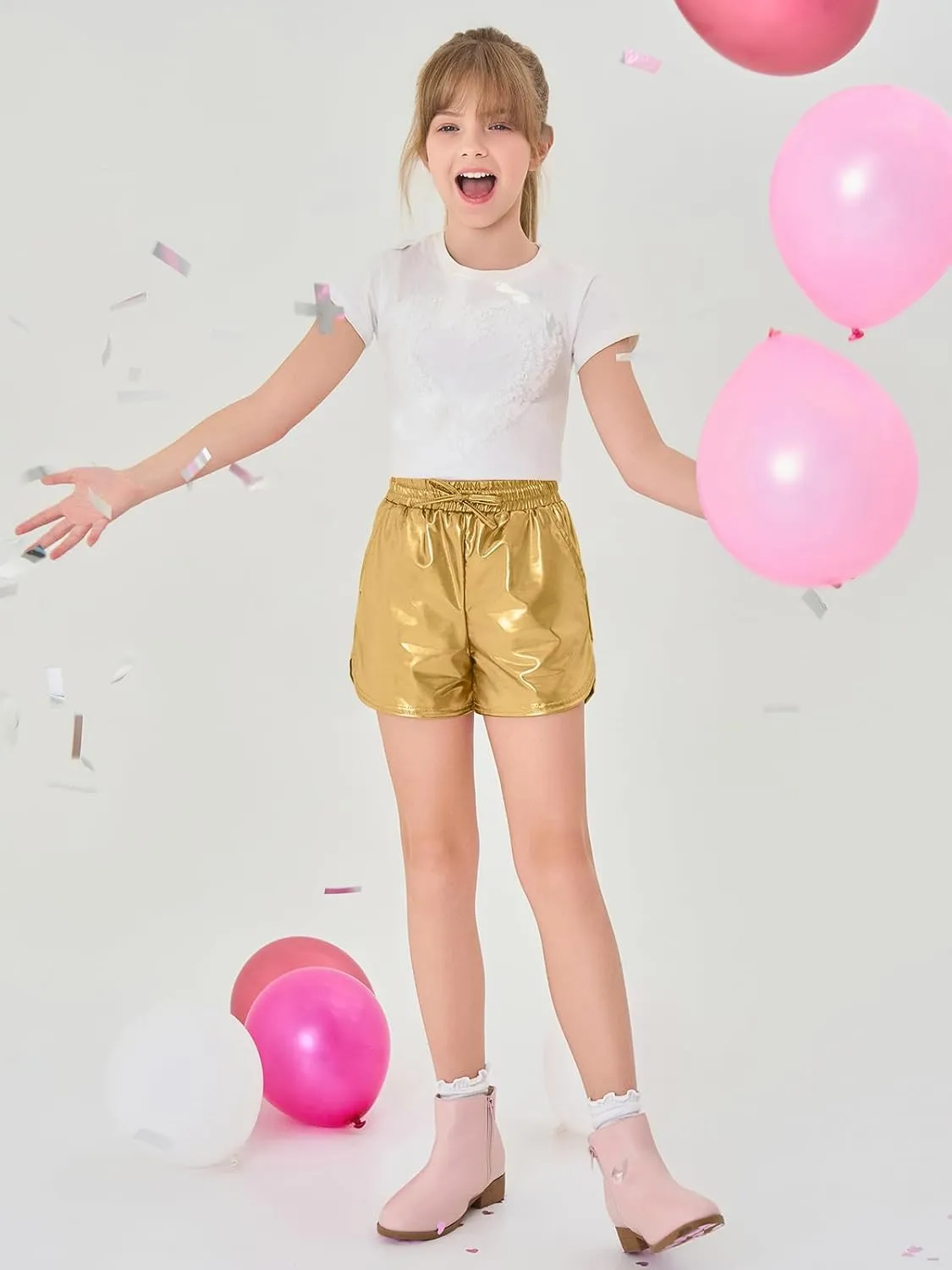 Haloumoning Girls Metallic Shorts Sparkly Dance Outfits Elastic Drawstring Shiny Hot Short Pants 5-14 Years