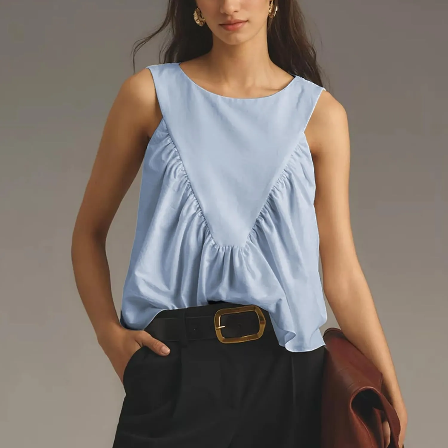 Hixiaohe Shirred Swing Tank Tops for Women Fashion Flowy Sleeveless Shirts Casual Crew Neck Blouse Loose Fit Ruffled Tops