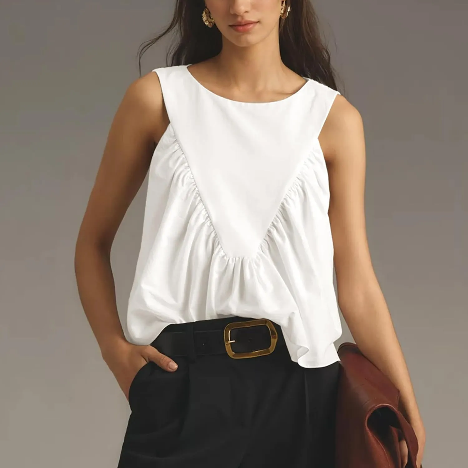 Hixiaohe Shirred Swing Tank Tops for Women Fashion Flowy Sleeveless Shirts Casual Crew Neck Blouse Loose Fit Ruffled Tops
