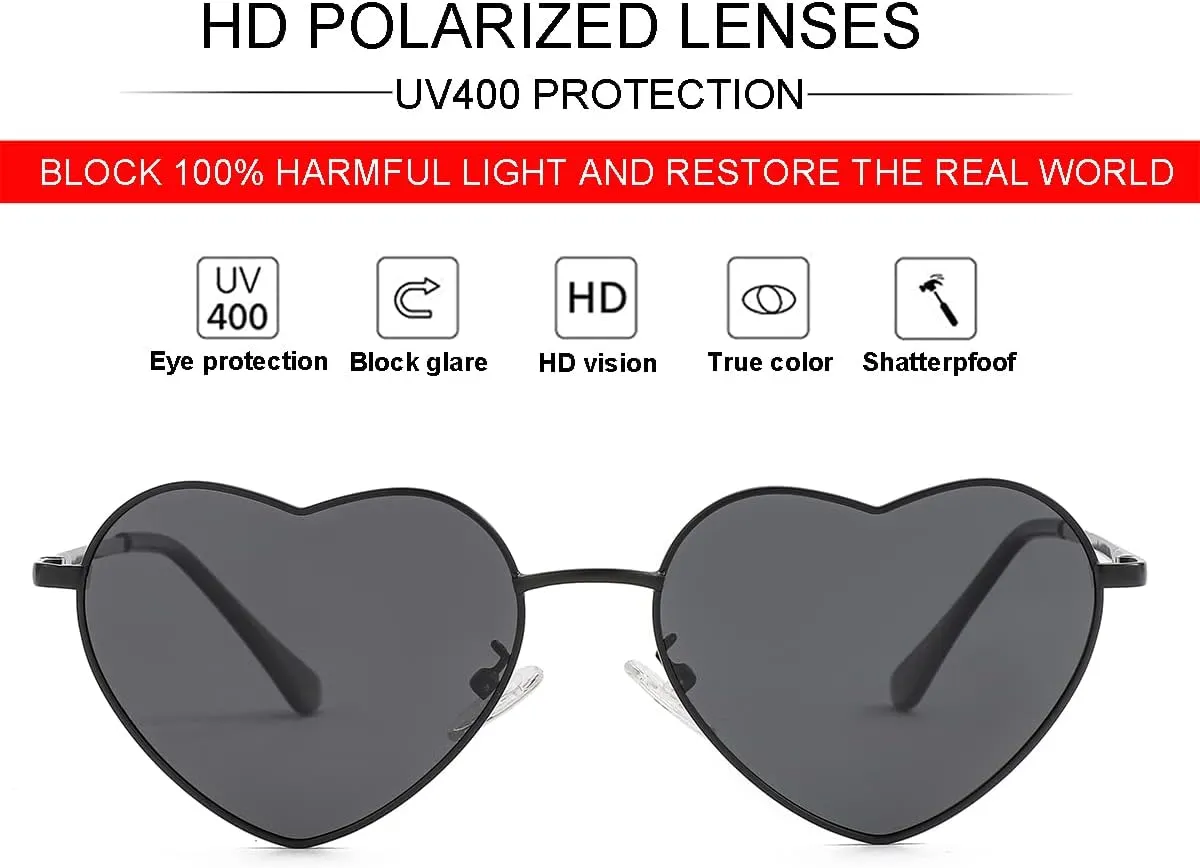 JOVAKIT Polarized Heart Sunglasses for Women Fashion Lovely Style Metal Frame UV400 Protection Lens
