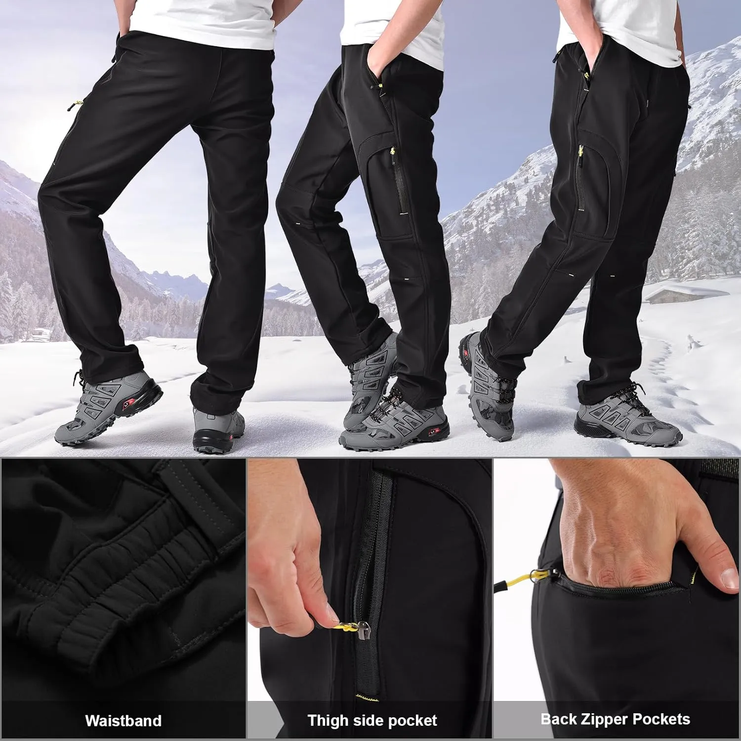Mens Snow Ski Waterproof Softshell Snowboard Pants Outdoor Fleece Lined Cargo Hiking Pants with zipper pockets