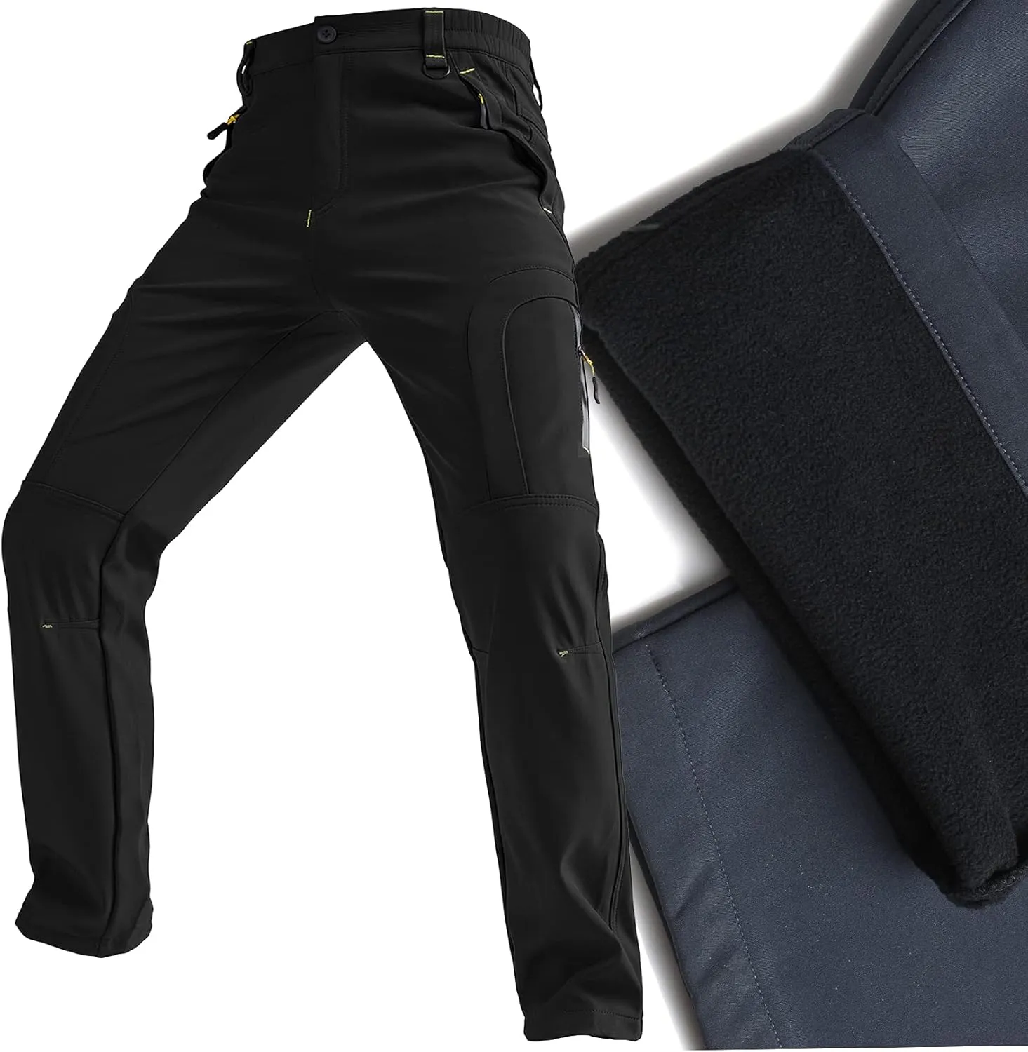 Mens Snow Ski Waterproof Softshell Snowboard Pants Outdoor Fleece Lined Cargo Hiking Pants with zipper pockets