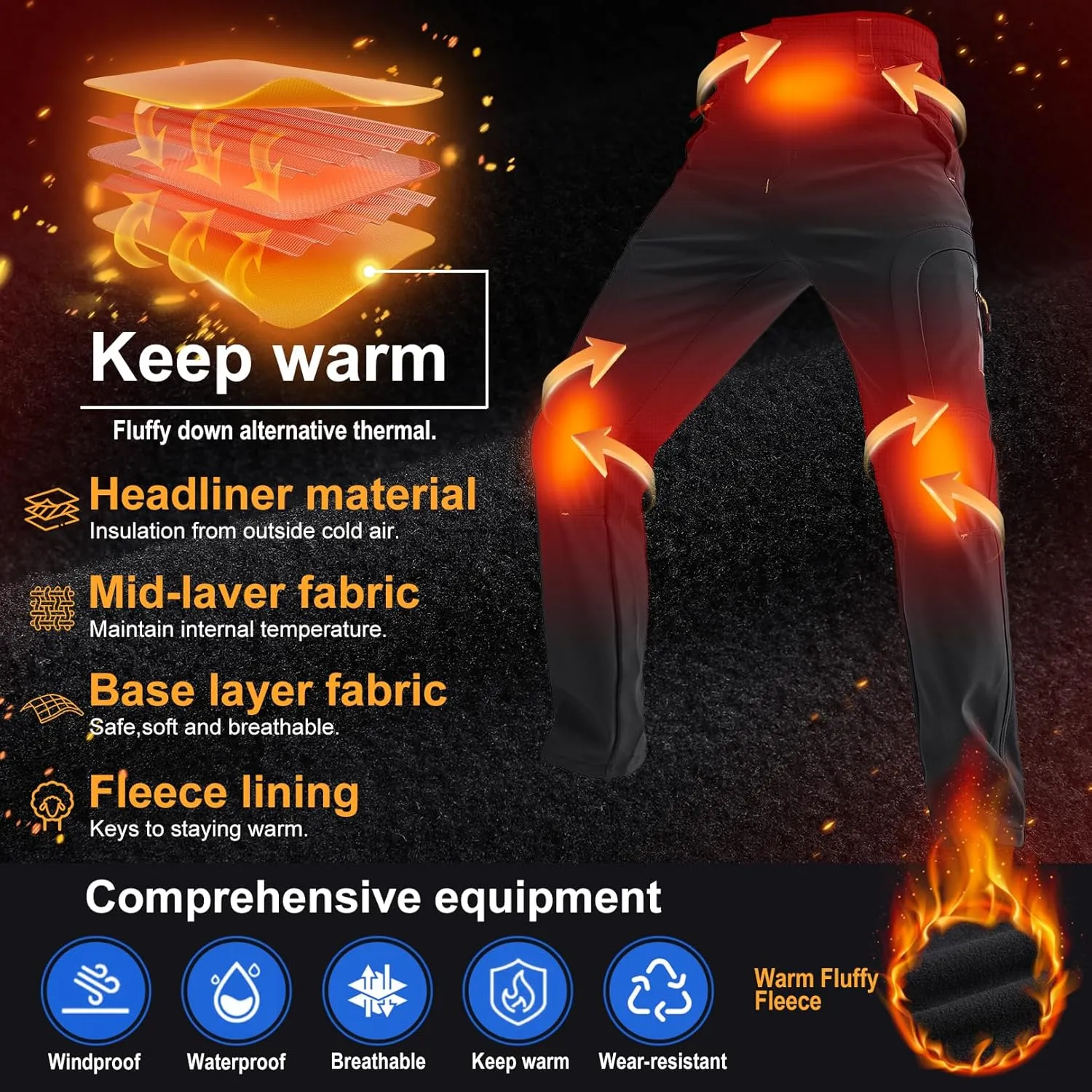 Mens Snow Ski Waterproof Softshell Snowboard Pants Outdoor Fleece Lined Cargo Hiking Pants with zipper pockets