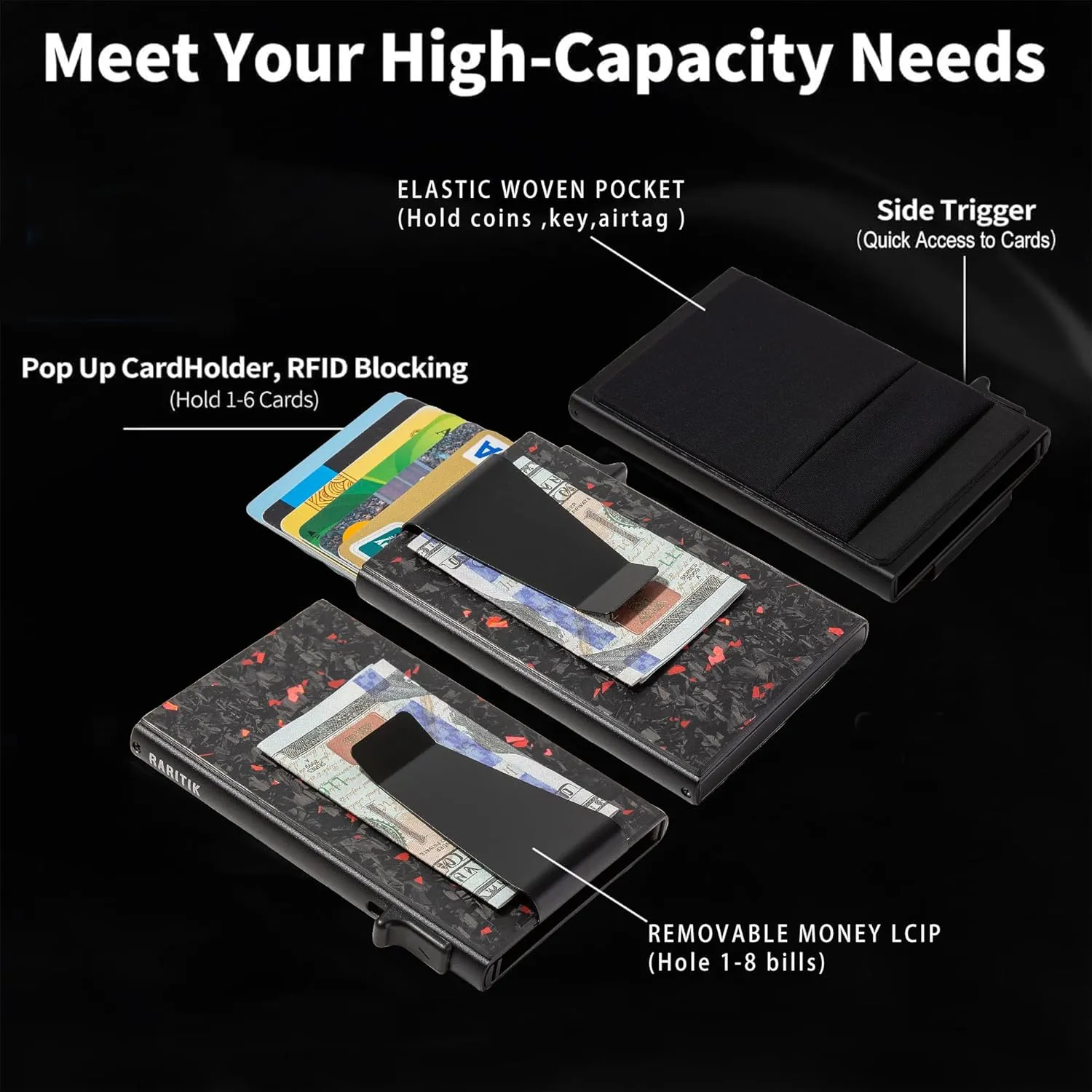Minimalist Carbon Fiber Wallet for Men, Money Clip Cash Strap Wallet, RFID Blocking Metal Wallet Aluminum Card Holder,Front Pocket Wallet