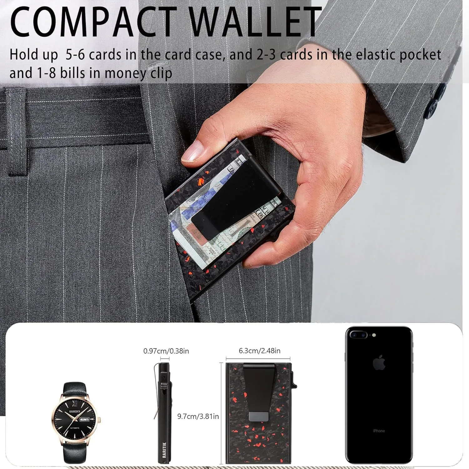 Minimalist Carbon Fiber Wallet for Men, Money Clip Cash Strap Wallet, RFID Blocking Metal Wallet Aluminum Card Holder,Front Pocket Wallet