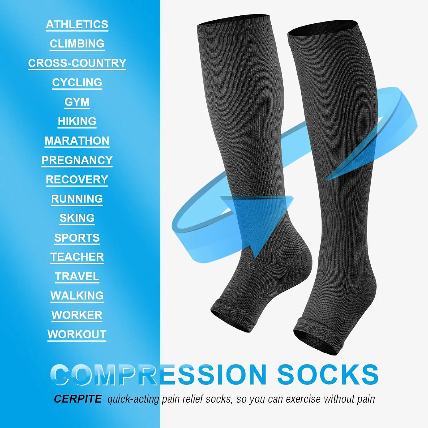 Open Toe Compression Socks Women & Men-2 Pairs 15-20 mmHg Knee High Stockings for Circulation Support