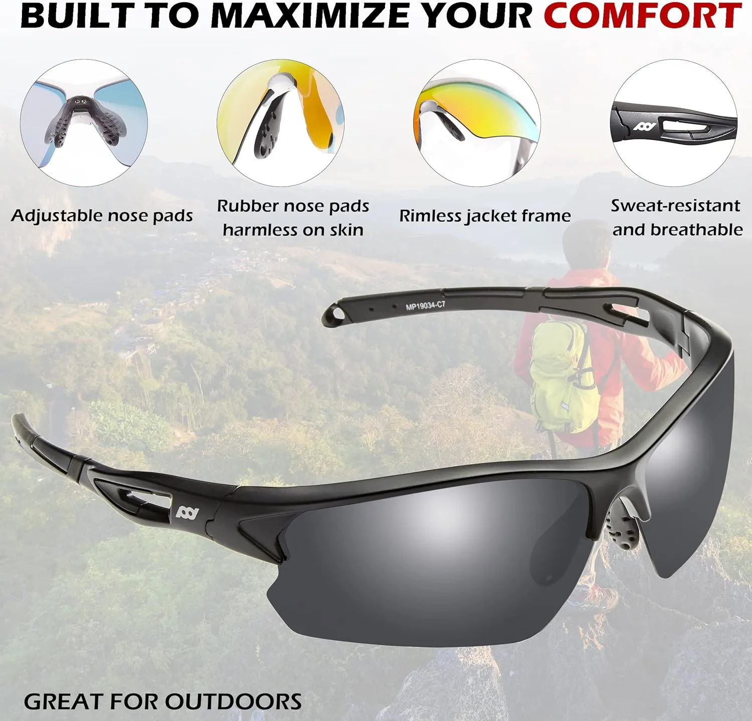 Outdoor Sports Polarized wrap around Cycling Sunglasses for Men & Women TR90 Frame UV Protection for fishing