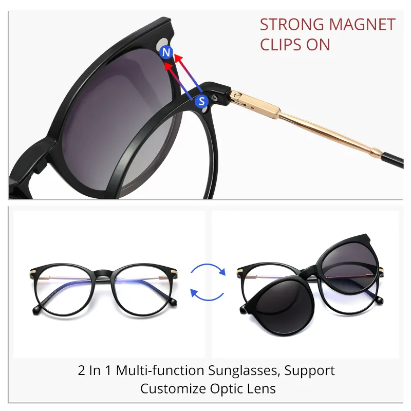 Ralferty Women's Full Rim Round Acetate Eyeglasses With Clip On Sunglasses F95975