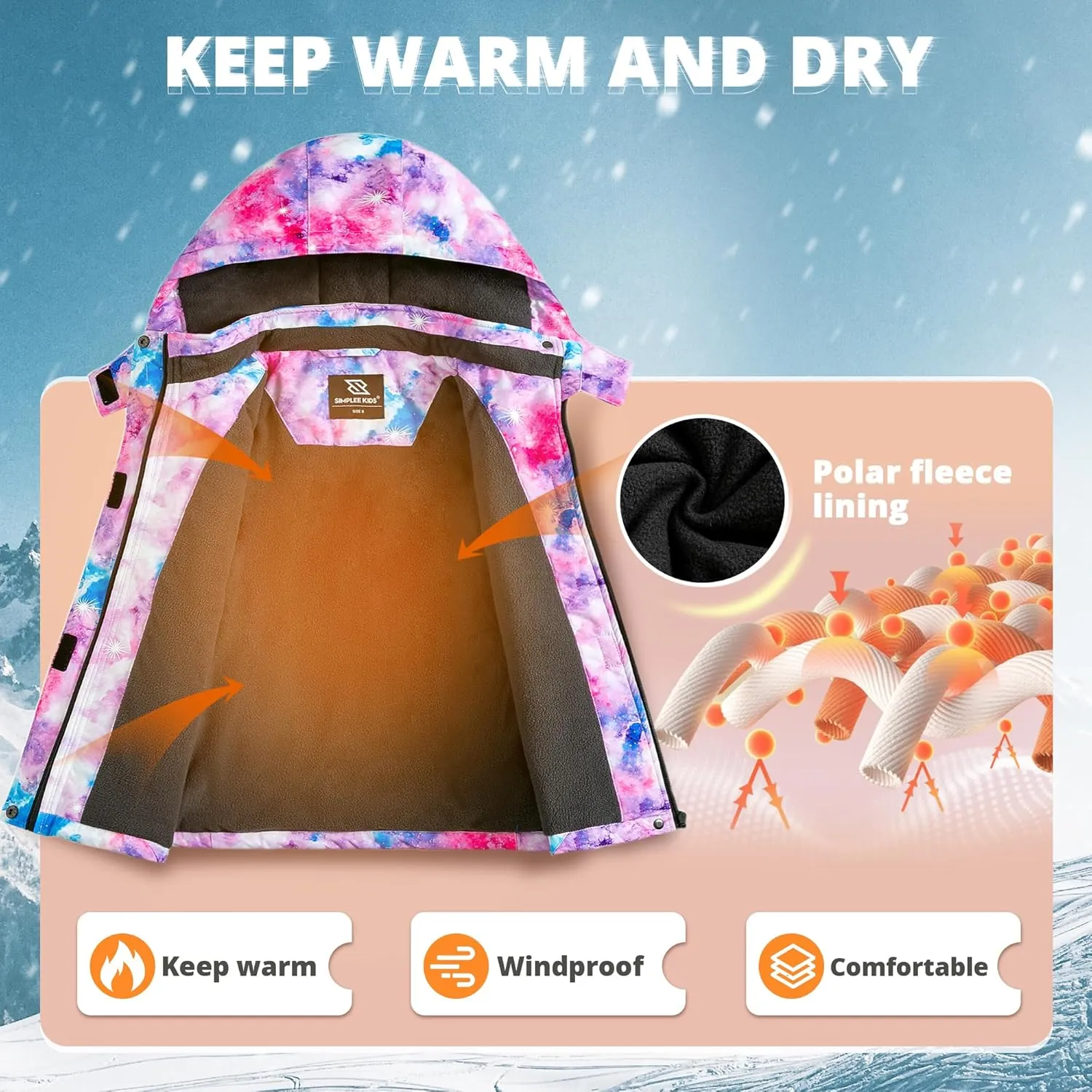 Simplee kids Girls Waterproof Ski Snow Jacket Fleece Raincoat Colorful Winter Coat Warm Hooded