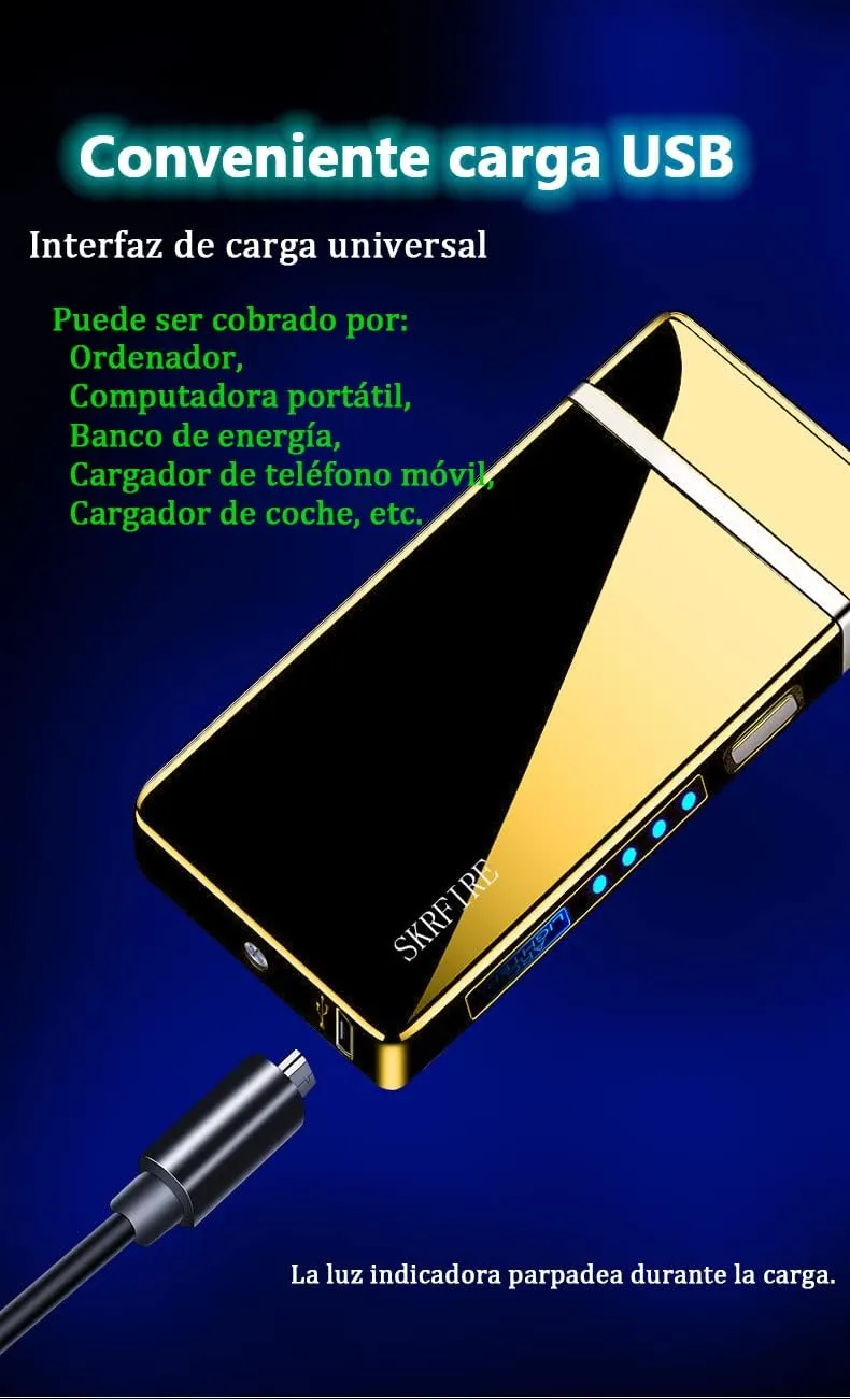 SKRFIRE Windproof Lighter Outdoor, Dual Arc Electric Lighter PVD-Plating Wearproof Lighter Rechargeable USB Lighter Flameless Plasma Lighter with Rhythmic Flashing Battery Indicator (ICY Gold)