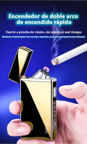 SKRFIRE Windproof Lighter Outdoor, Dual Arc Electric Lighter PVD-Plating Wearproof Lighter Rechargeable USB Lighter Flameless Plasma Lighter with Rhythmic Flashing Battery Indicator (ICY Gold)