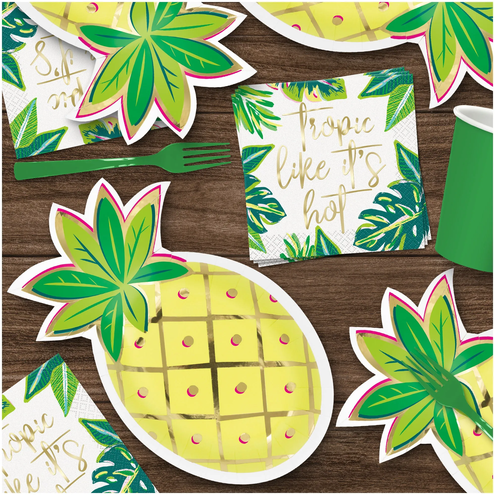 Sweet Summer Pineapple Shaped Metallic Gold Paper Dessert Plates and Beverage Napkins (Serves 16)