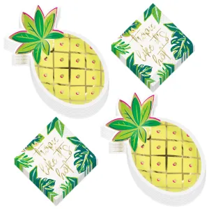 Sweet Summer Pineapple Shaped Metallic Gold Paper Dessert Plates and Beverage Napkins (Serves 16)