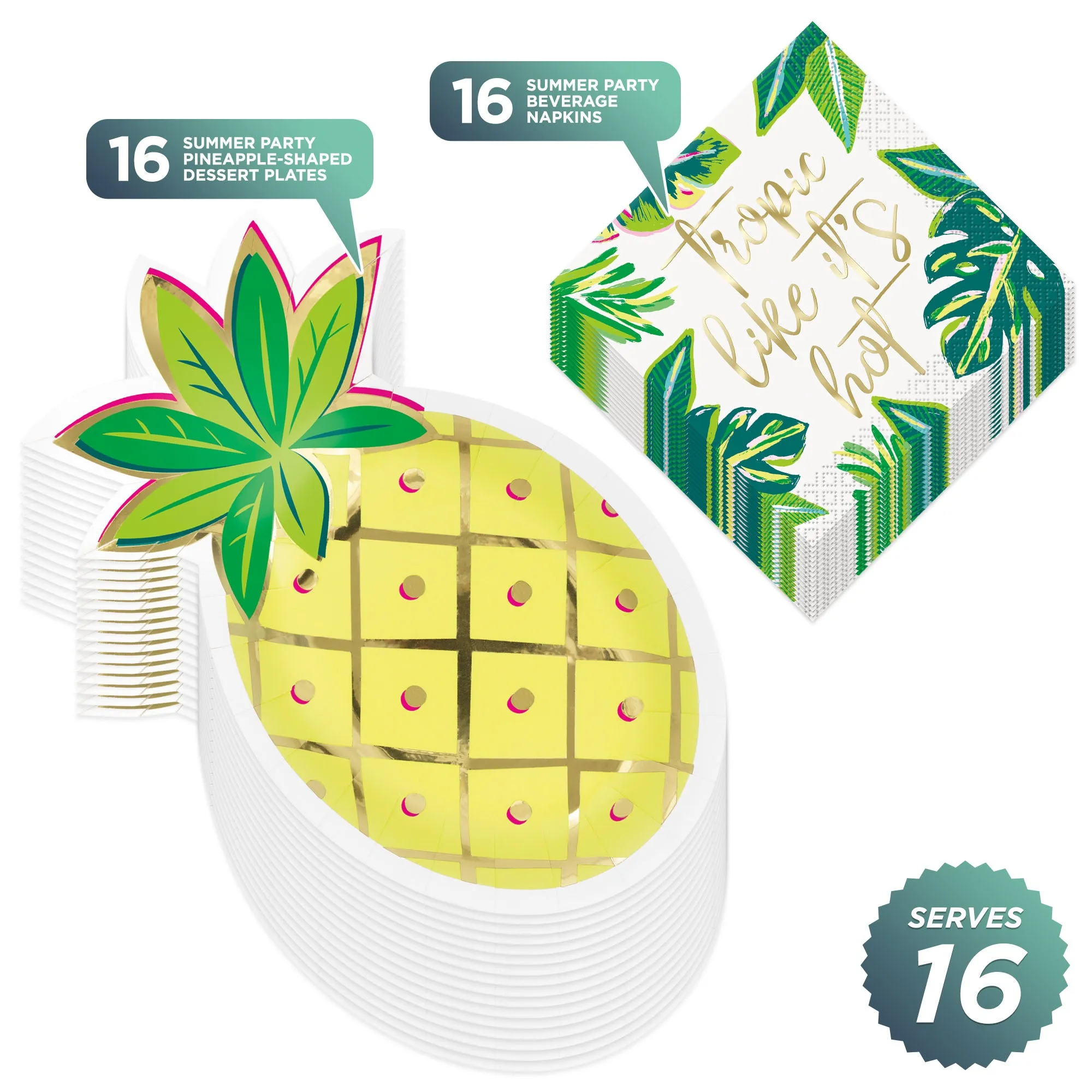 Sweet Summer Pineapple Shaped Metallic Gold Paper Dessert Plates and Beverage Napkins (Serves 16)