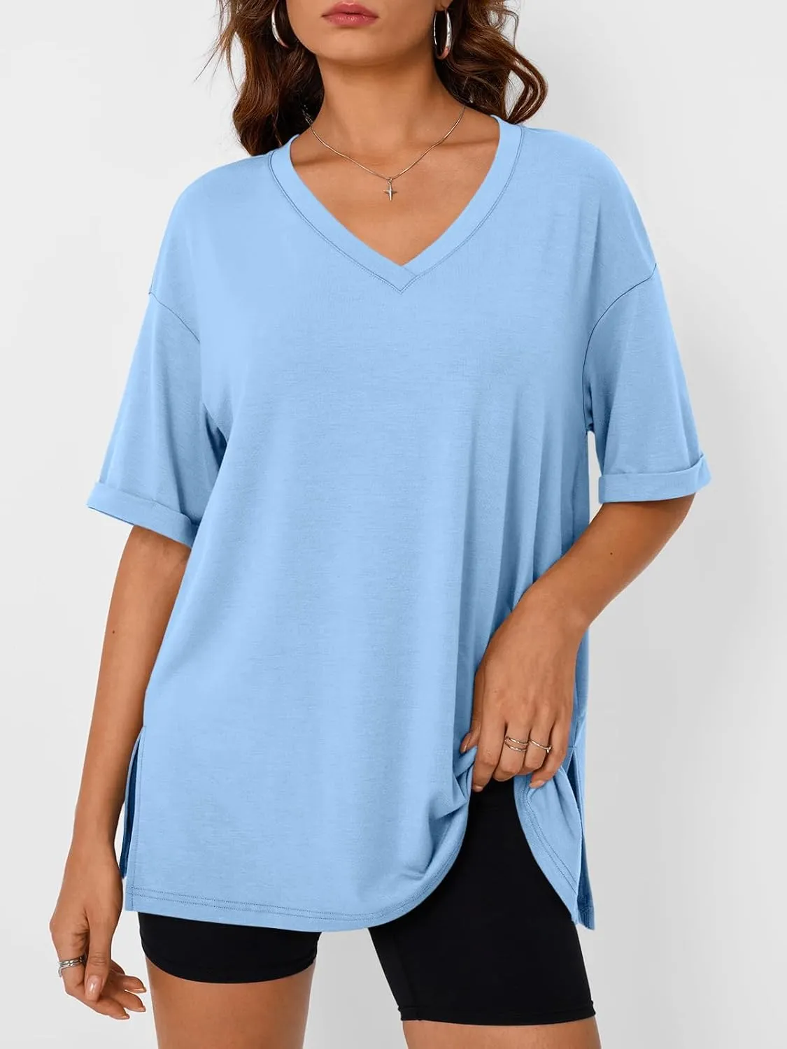Trendy Queen Oversized Tshirts for Women Workout Plus Size Tops V Neck Short Sleeve Gym Shirts Casual Loose Fit Basic Tees