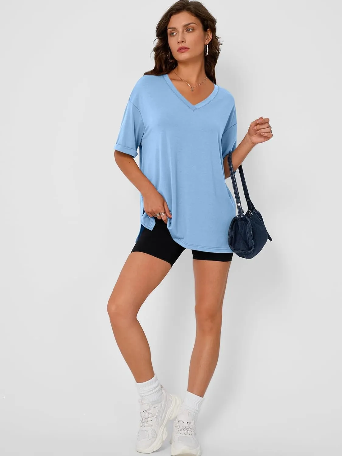 Trendy Queen Oversized Tshirts for Women Workout Plus Size Tops V Neck Short Sleeve Gym Shirts Casual Loose Fit Basic Tees