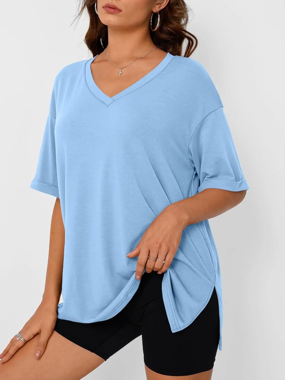 Trendy Queen Oversized Tshirts for Women Workout Plus Size Tops V Neck Short Sleeve Gym Shirts Casual Loose Fit Basic Tees