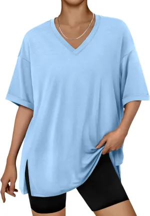 Trendy Queen Oversized Tshirts for Women Workout Plus Size Tops V Neck Short Sleeve Gym Shirts Casual Loose Fit Basic Tees